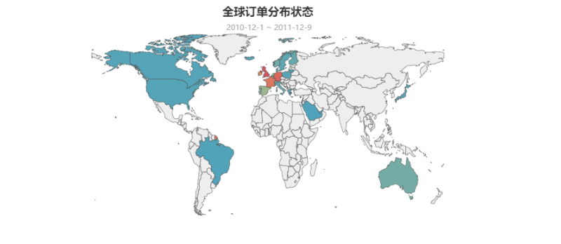 全球订单分布地图，零售订单以英国为中心辐射欧洲，北美、南美、澳大利亚亦有涉及